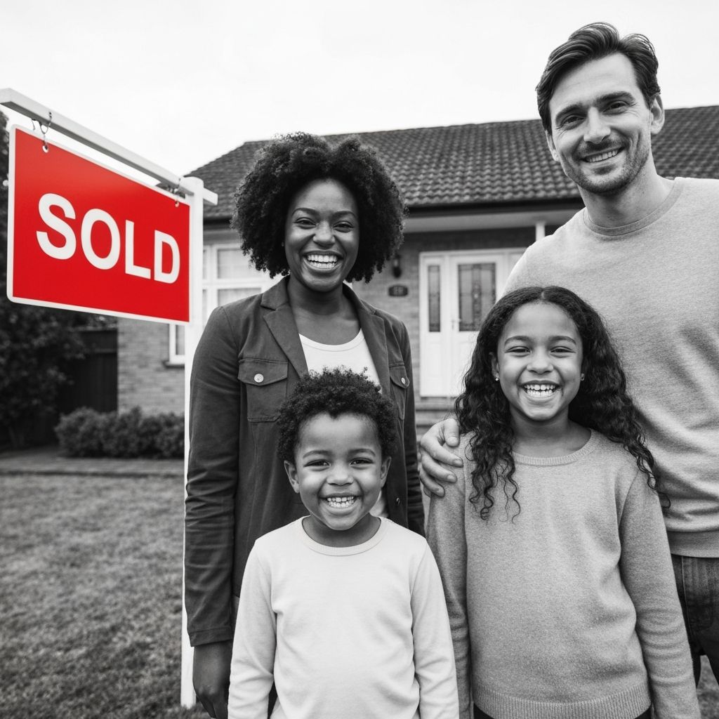 Happy diverse homeowners who sold their house
